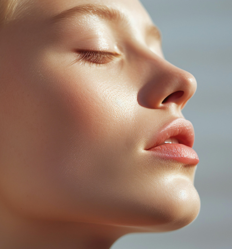Photo of a relaxed woman with eyes closed and youthful skin